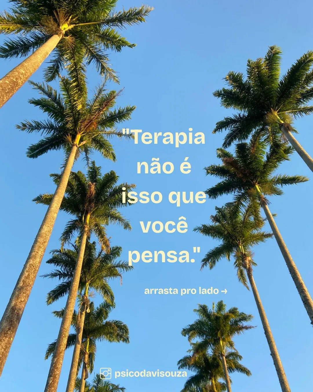 Post com a frase "Terapia não é isso que você pensa" sobre palmeiras contra um céu azul.